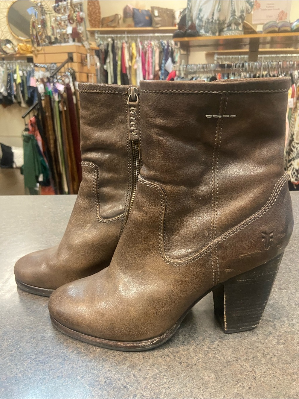 Frye Brown Leather Mid-Calf Heeled Zip Boots